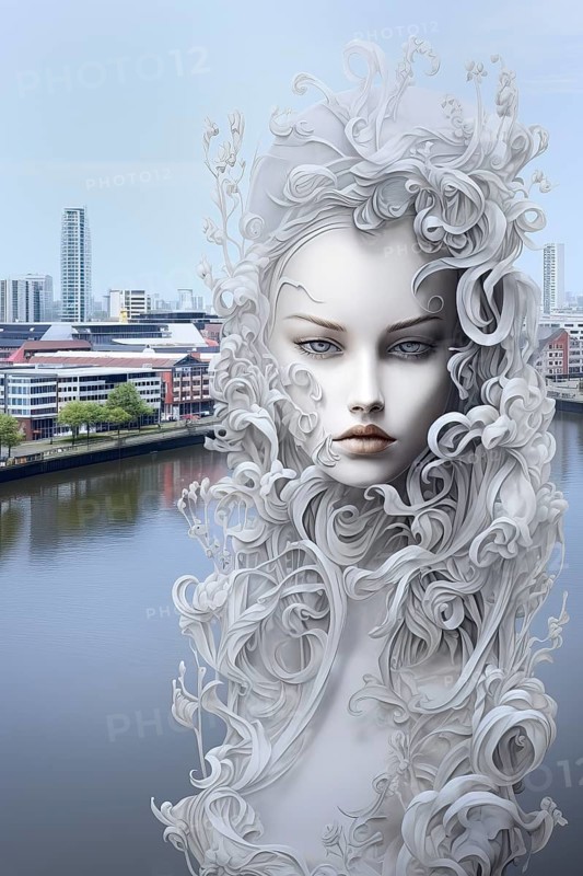 Minimalist avant garde beautiful young woman in white paper style