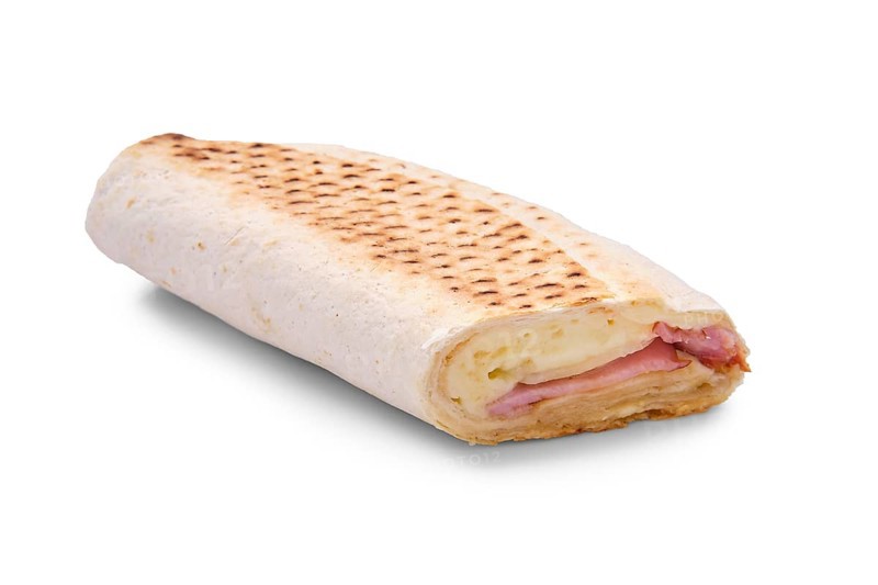Shawarma with pork ham and mozzarella isolated on white