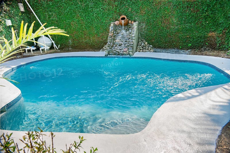 Swimming pool designs for the home. Crystal water home pool surrounded by a garden. Home swimming pool maintenance concept. Homemade swimming pool in a garden