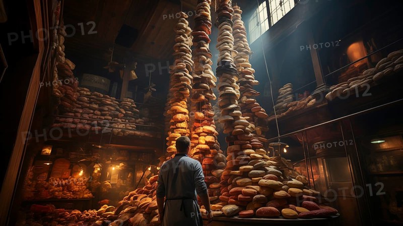 Young adult man standing amid A towering bountiful display of endless fresh breads