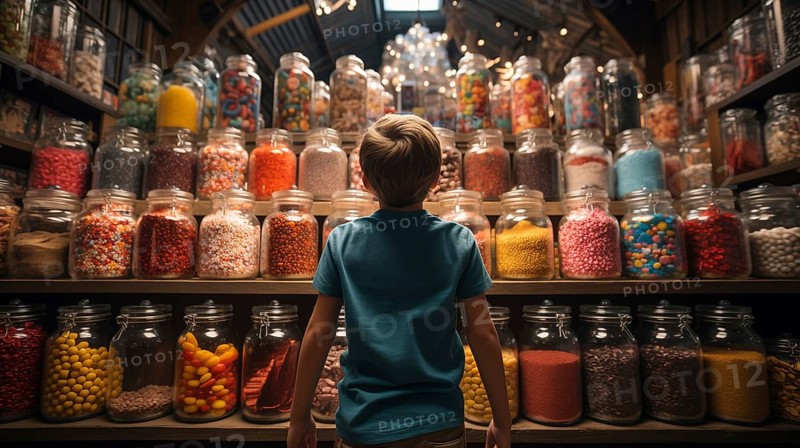 Back view of a small child walking amidst a bountiful display of glass candy jars at a market filled with endless varieties of colorful confections and an abundant selection of sweet treats. generative AI