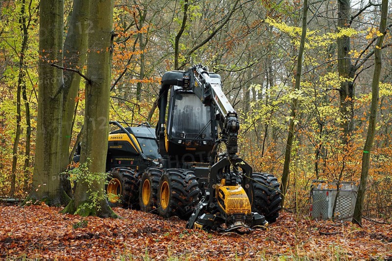 A forestry harvester parked in a deciduous forest. Germany