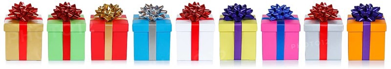 Many colourful Christmas gifts Christmas presents birthday panorama gift isolated in front of a white background in Stuttgart