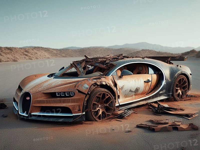 Crashed abandoned rusty expensive atmospheric car as circulation banned for co2 emission 2030 agenda dystopian concept ai generated