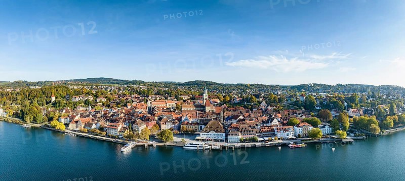 Aerial panorama of Ueberlingen on Lake Constance with the historic old town and the lakeside promenade Lake Constance district