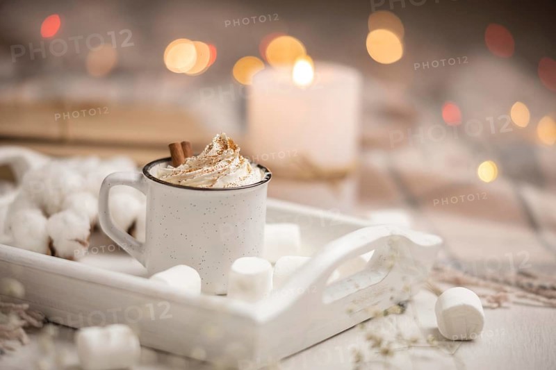 Cup coffee tray with marshmallows cinnamon sticks