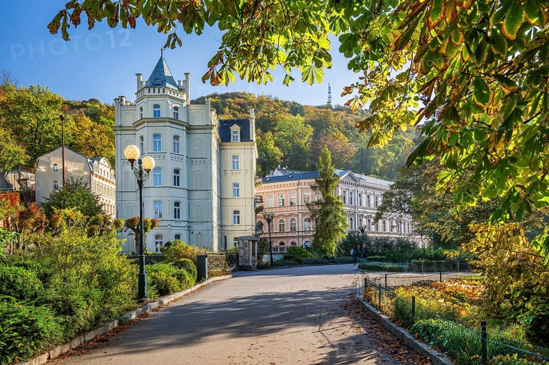 Historic Hotel Pavlov on the banks of the Tepla in autumn