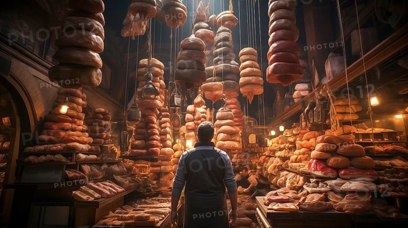 Young adult man standing amid A towering bountiful display of endless fresh breads