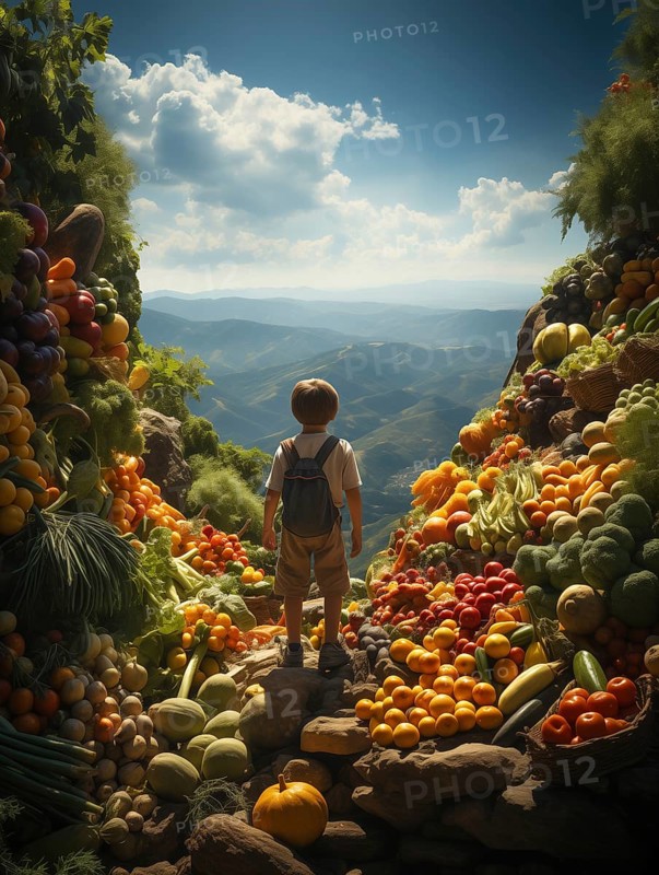 Back view of a small child looking out over a beautiful vast valley standing amongst bountiful mountains of food piled high overflowing with fresh fruits and colorful vegetables. generative AI