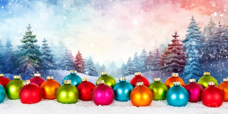 Christmas card with colourful Christmas baubles and forest in the background Card panorama and text free space Copyspace decoration winter in Stuttgart