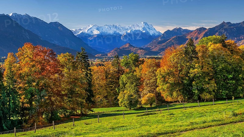 Autumn landscape near Hagen with Zugspitze group 2962m in the Wetterstein mountains
