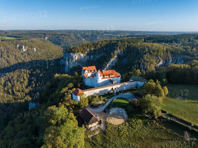 Aerial view of Wildenstein Castle near Leibertingen in the morning sun