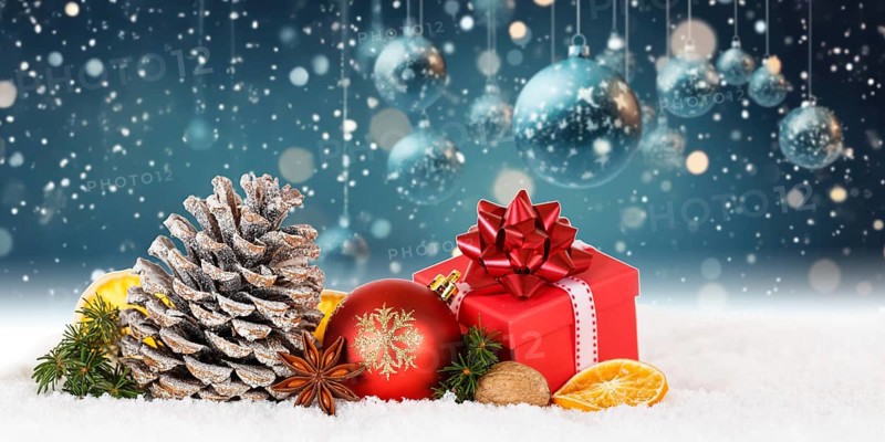 Christmas card Christmas card with Christmas decoration decoration gift Christmas present and Christmas baubles panorama with text free space Copyspace in Stuttgart