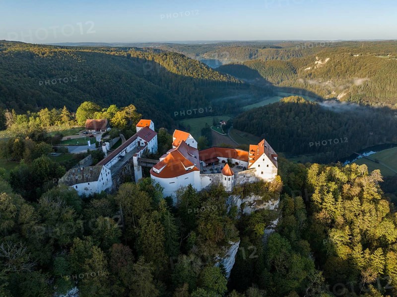 Aerial view of Wildenstein Castle near Leibertingen in the morning sun
