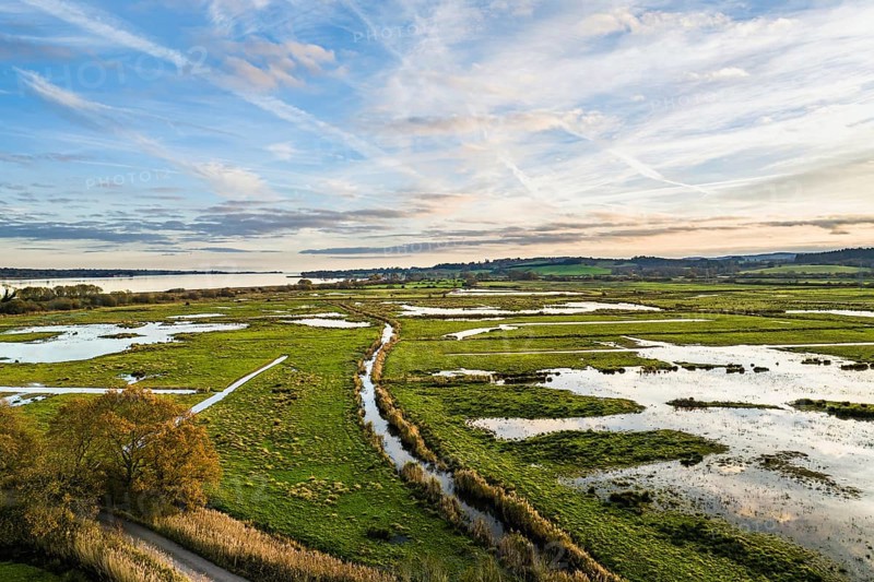 Wetlands and Marshes in RSPB Exminster and Powderham Marshe from a drone