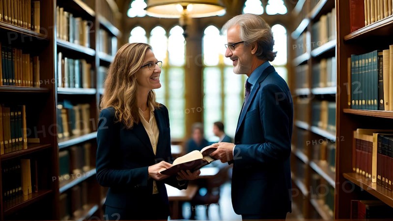 Professor chatting with colleague in the library