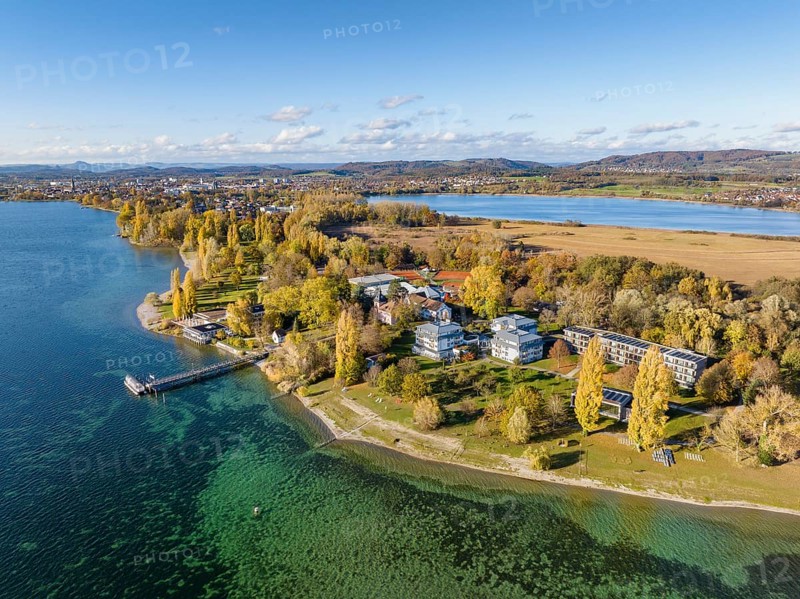 Aerial view of the Mettnau peninsula in western Lake Constance with the spa centre