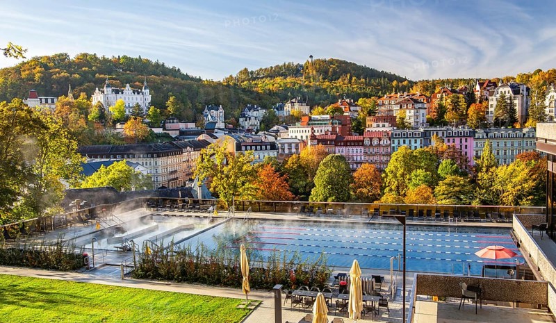 Outdoor terrace of the thermal spa with panoramic view of the city in autumn