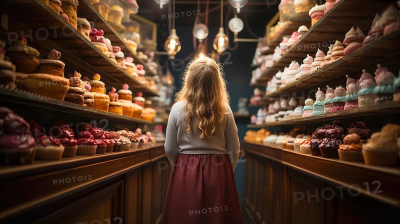 Young girl standing amid towering shelves of delicious pastries