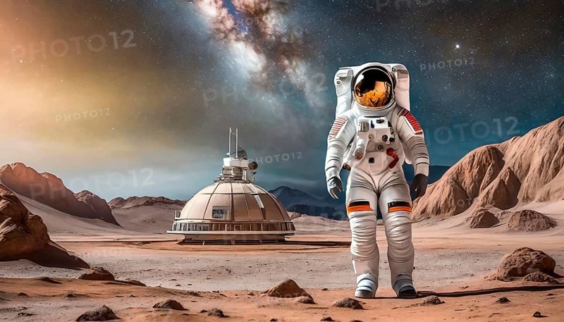 An astronaut in a spacesuit on the moon in front of the starry sky