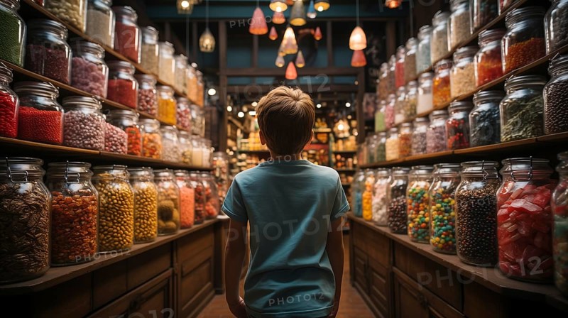 Back view of a small child walking amidst a bountiful display of glass candy jars at a market filled with endless varieties of colorful confections and an abundant selection of sweet treats. generative AI