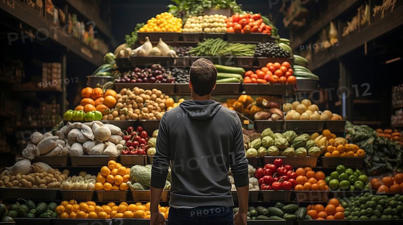 Young adult man standing amid A towering bountiful display of fresh produce. generative AI