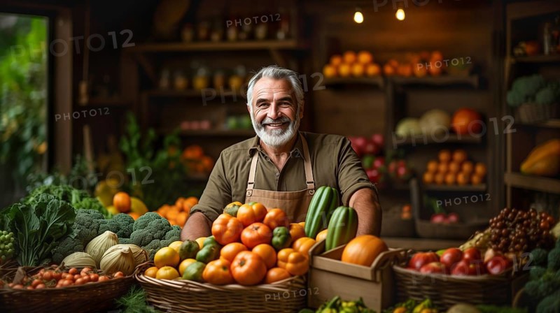 Bearded farmer tending to his fresh and bountiful produce harvest crates. generative AI