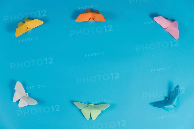 Blue background with frame made butterflies