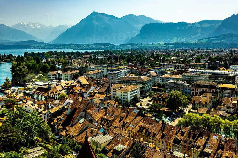 Aerial View over City of Thun and Lake with Mountain in a Sunny Day in Bernese Oberland