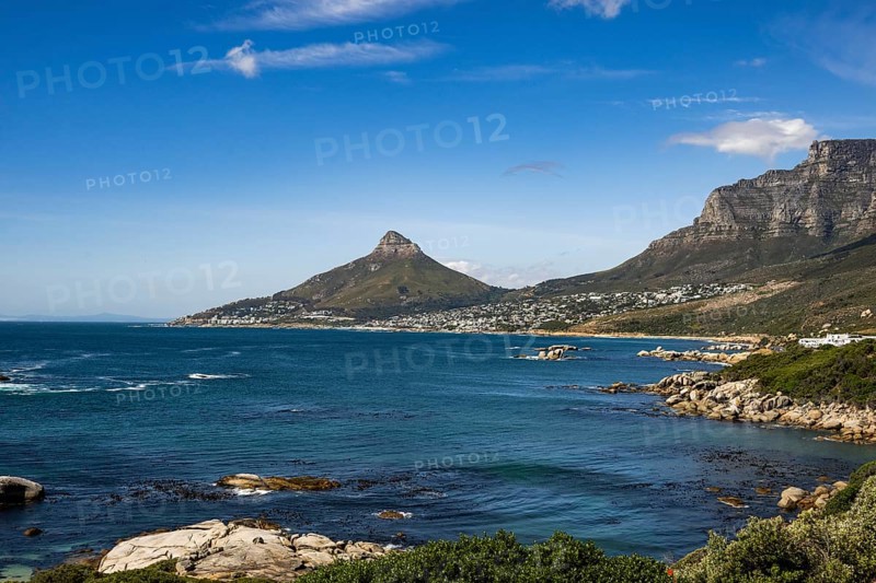 Atlantic Ocean with Lion's head and Table Mountain from Llandudno beachCape Town