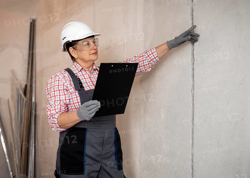 Female construction worker with helmet inspecting with clipboard