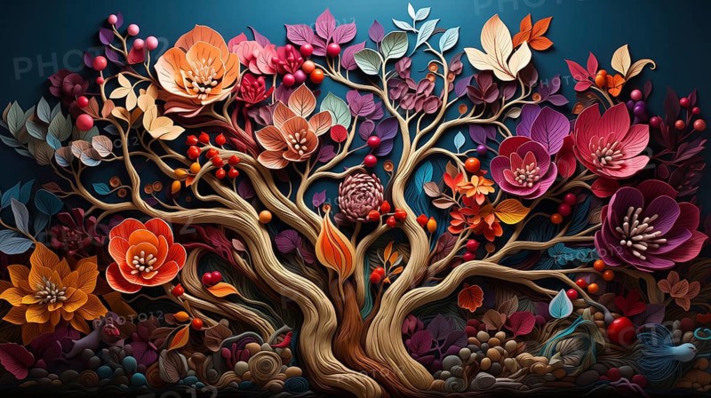 Vibrant colorful paper sculpture of a bountiful flourishing tree representing abundance in life. generative AI