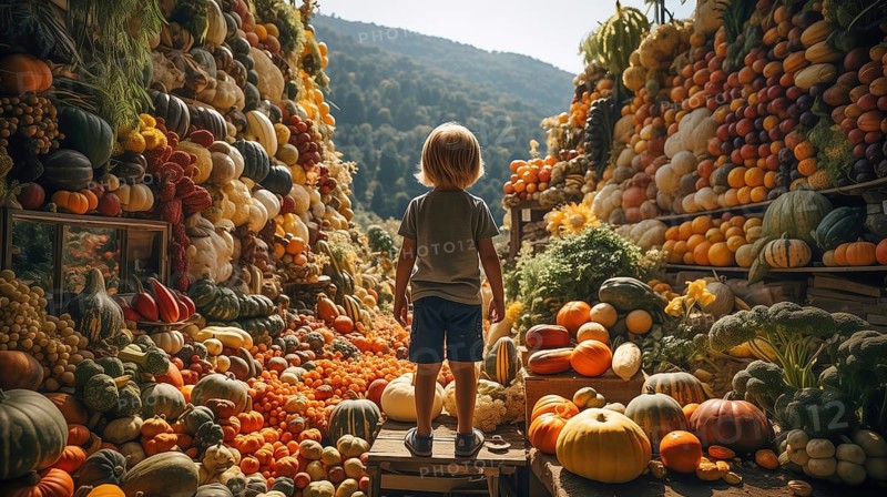 Back view of a small child standing amongst bountiful mountains of food piled high overflowing with fresh fruits and colorful vegetables. generative AI