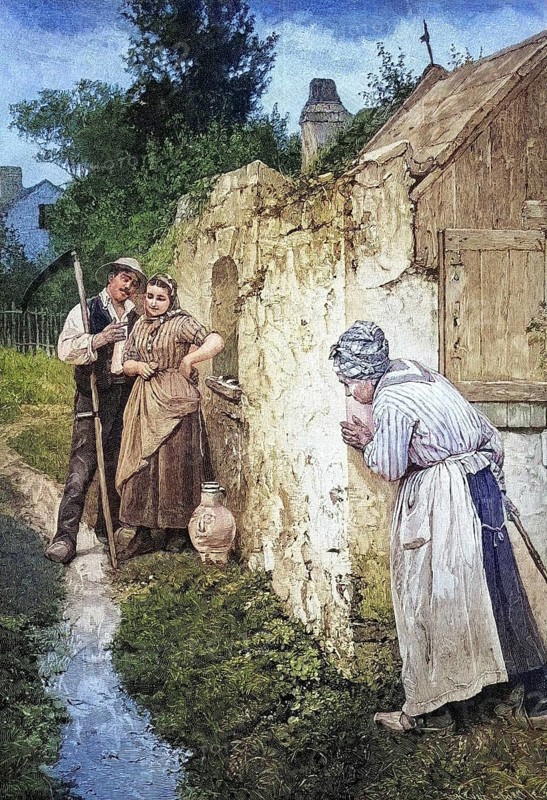Old woman listening to couple