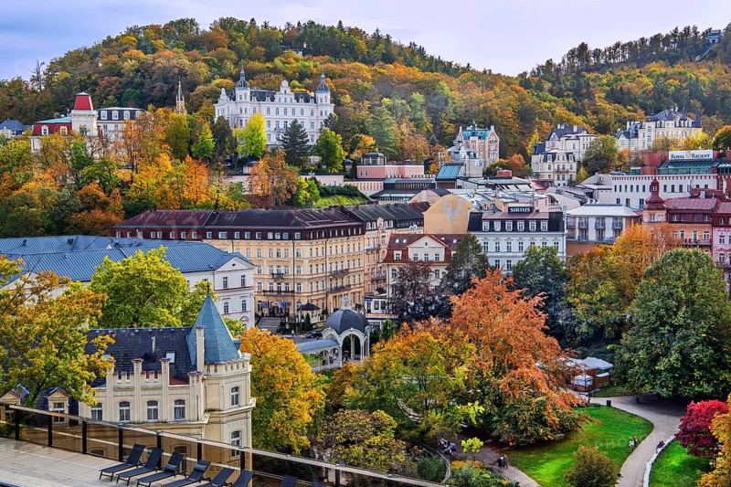 Town view with typical Art Nouveau buildings in autumn