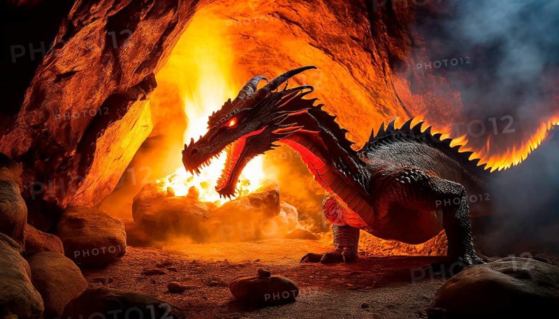 A fire-breathing dragon sits in a cave