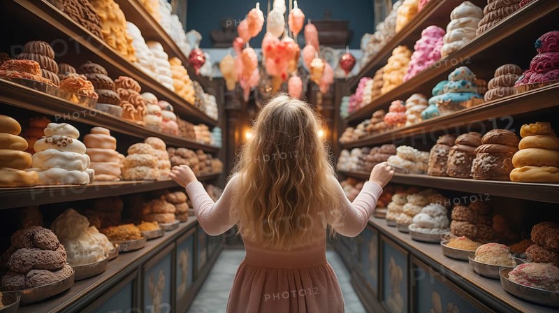 Young girl standing amid towering shelves of delicious pastries