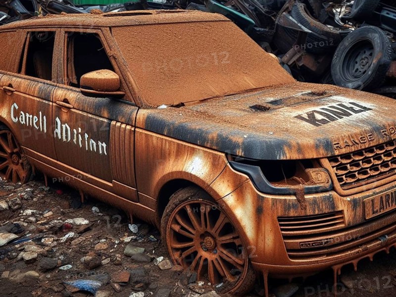 Crashed abandoned rusty expensive luxurious atmospheric 4 door powerful as circulation banned for co2 emission 2030 agenda dystopian concept ai generated