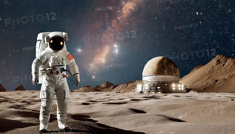 An astronaut in a spacesuit on the moon in front of the starry sky