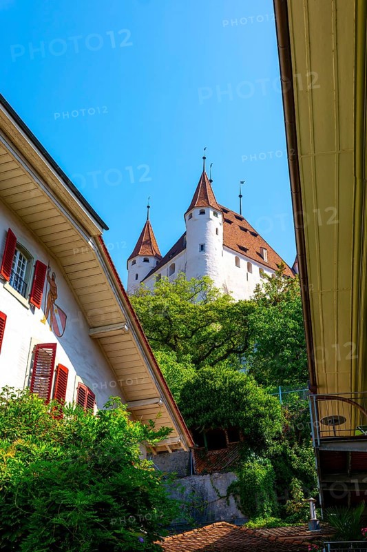 City of Thun with Castle Between Houses in a Sunny Day in Bernese Oberland