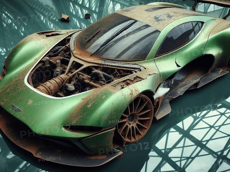 Crashed abandoned rusty expensive atmospheric car as circulation banned for co2 emission 2030 agenda dystopian concept ai generated