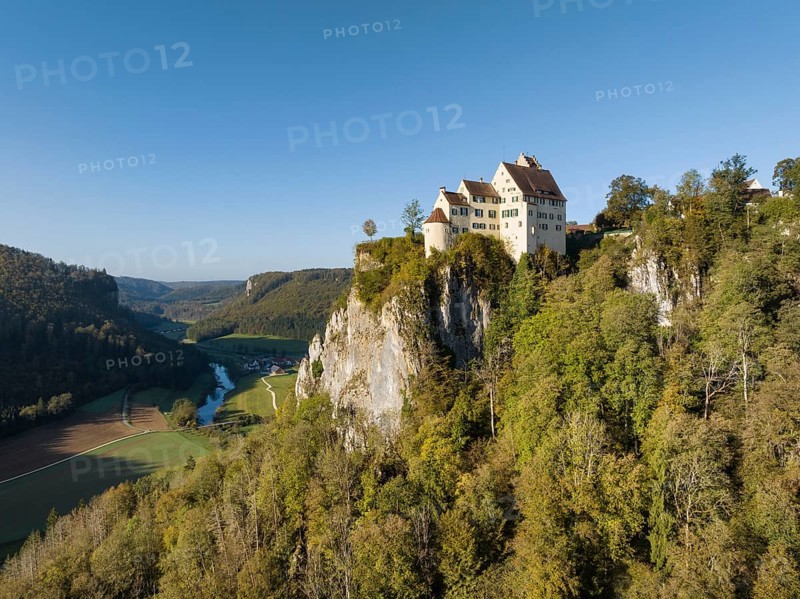 Aerial view of Werenwag Castle on a rocky spur in the upper Danube valley