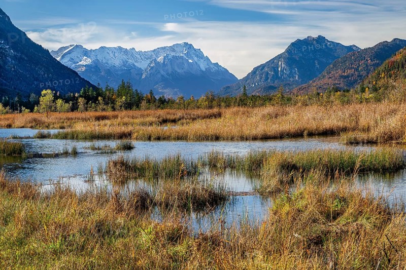 Autumn landscape with moorland Seven Springs and Zugspitze Group 2962m in the Wetterstein Mountains