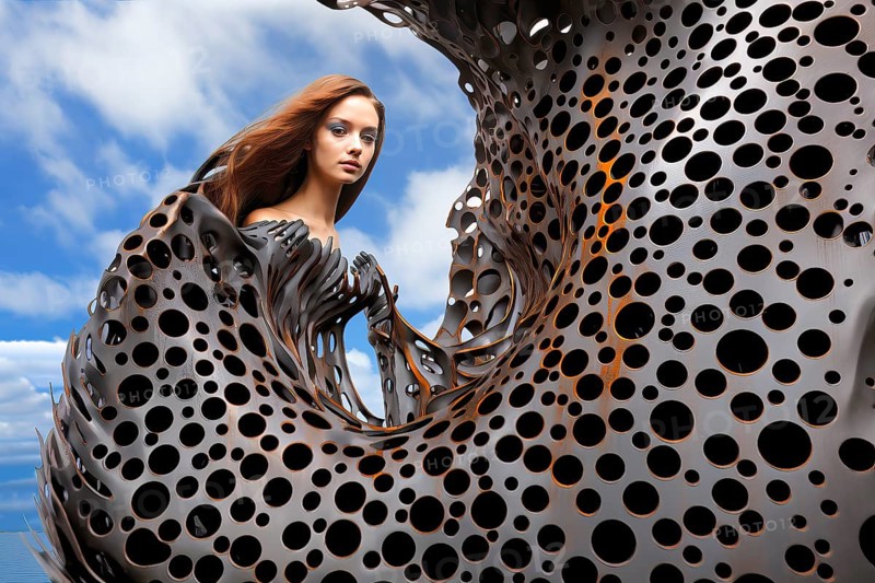 Surrealist bionic young woman embedded in liquid metal statue
