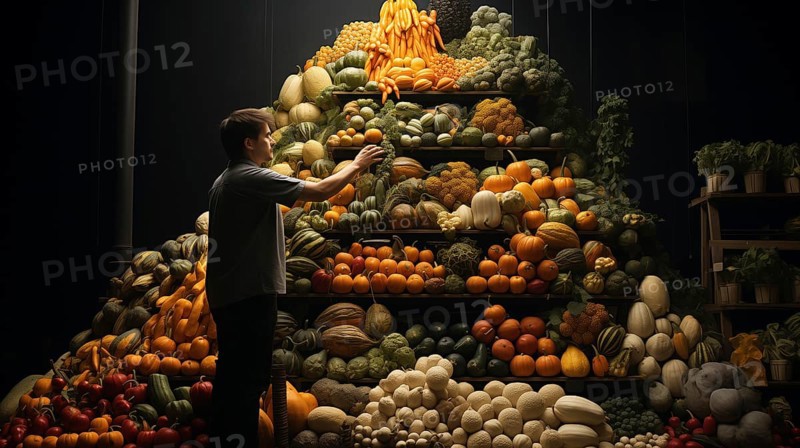 Young adult man reaches for fresh produce from a towering bountiful display of endless varieties of fresh fruits and an abundant selection of colorful vegetables. generative AI