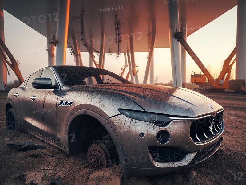 Crashed abandoned rusty expensive luxurious atmospheric 4 door powerful as circulation banned for co2 emission 2030 agenda dystopian concept ai generated