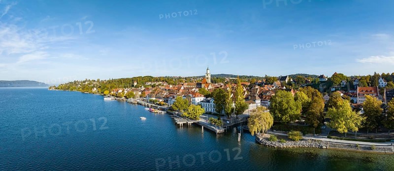 Aerial panorama of Ueberlingen on Lake Constance with the historic old town and the lakeside promenade Lake Constance district