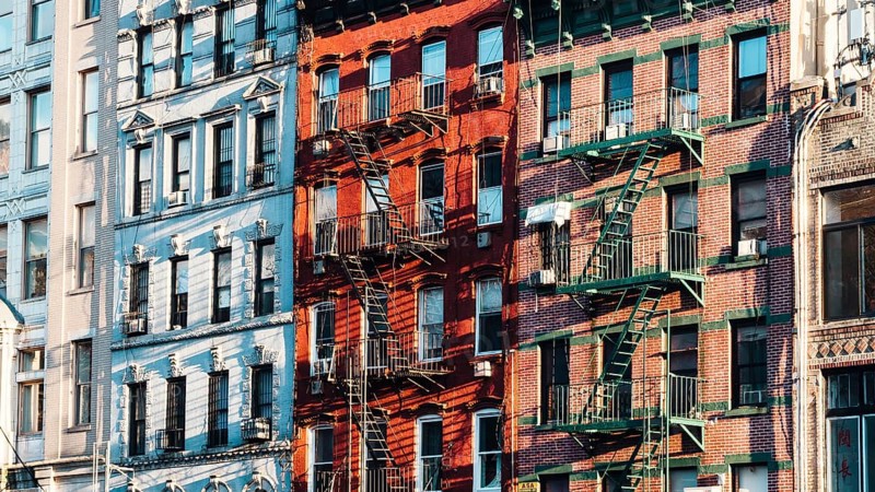 Facades building with fire escapes