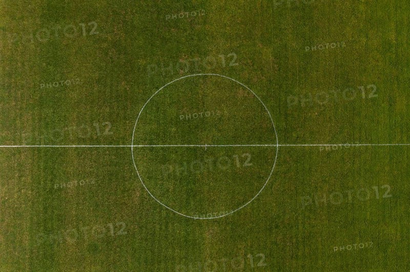 Drone view of the centre circle on a football pitch