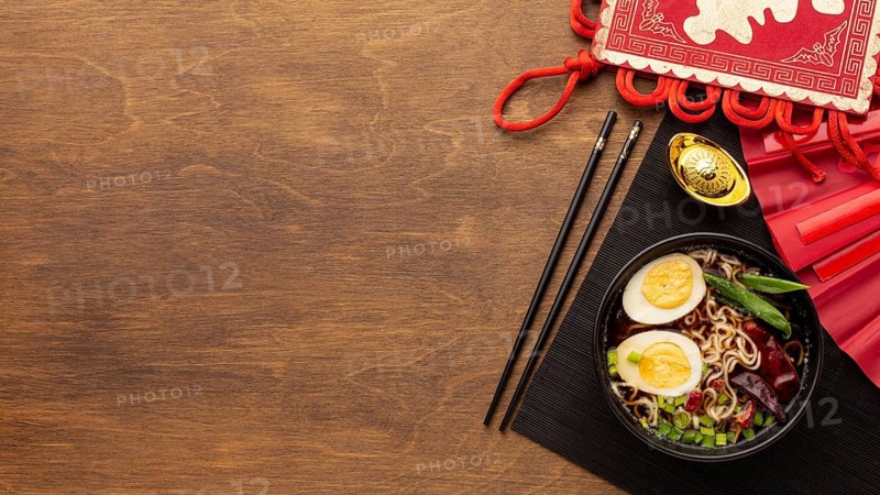Chinese new year dish wooden background